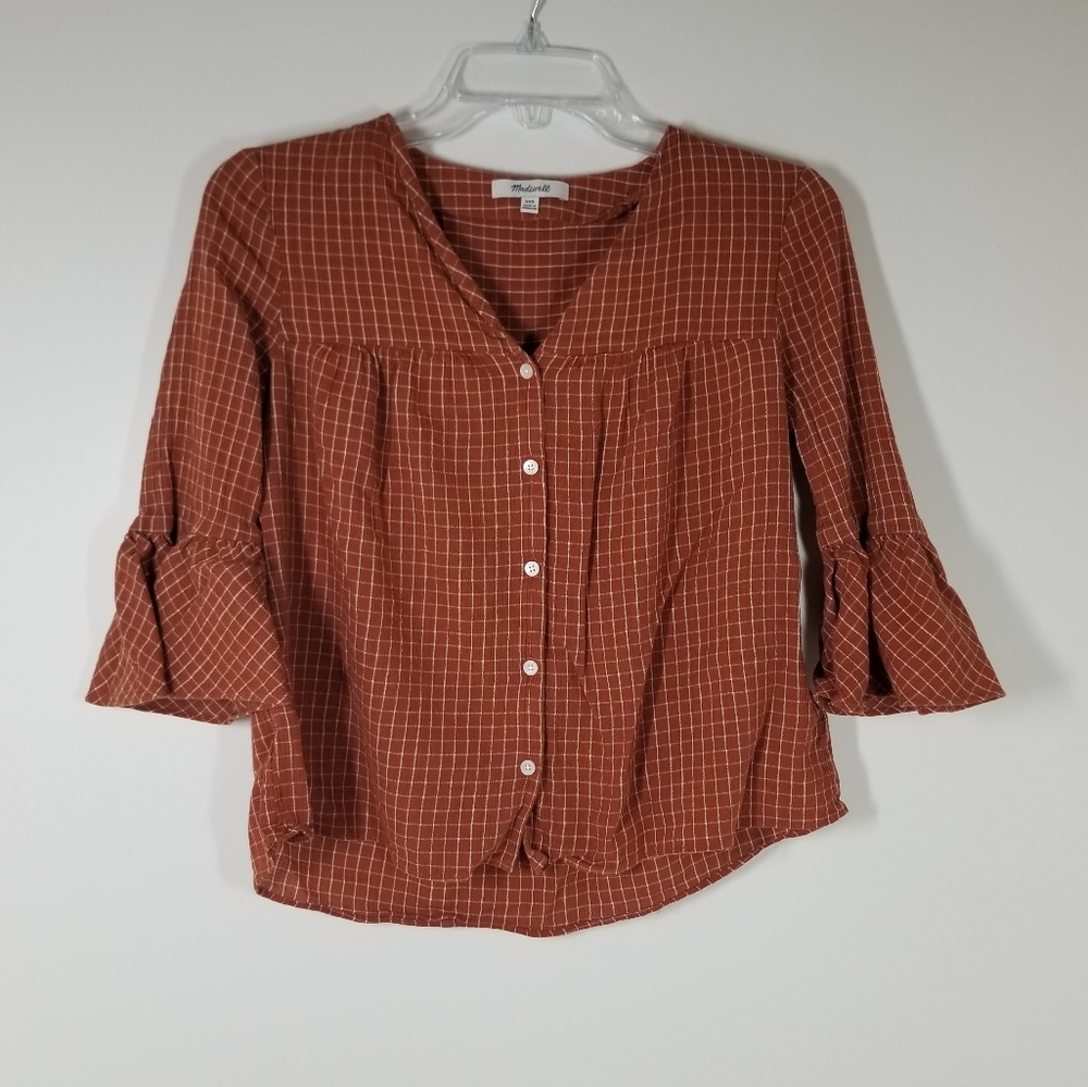 Madewell Plaid Button Up 3/4 Flutter Sleeve Shirt - image 1